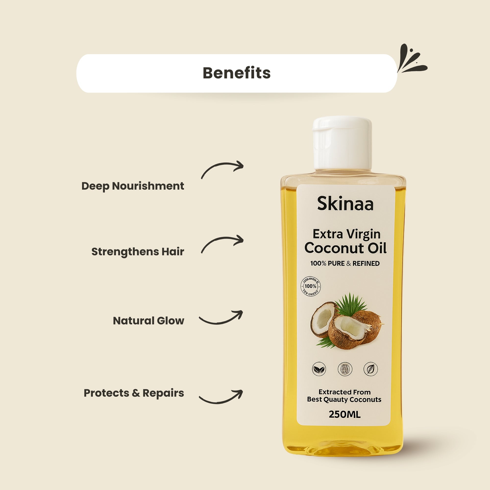 Skinaa Extra Virgin Coconut Oil, 100% Pure and Refined, 250ml